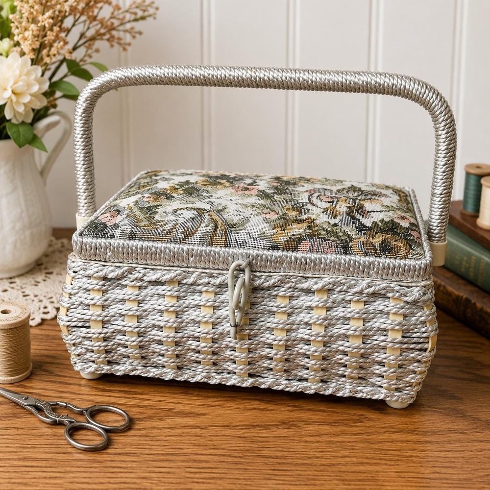 VTG Woven Sewing Basket Box Floral Tapestry Lid Taiwan cottage Box Needlework